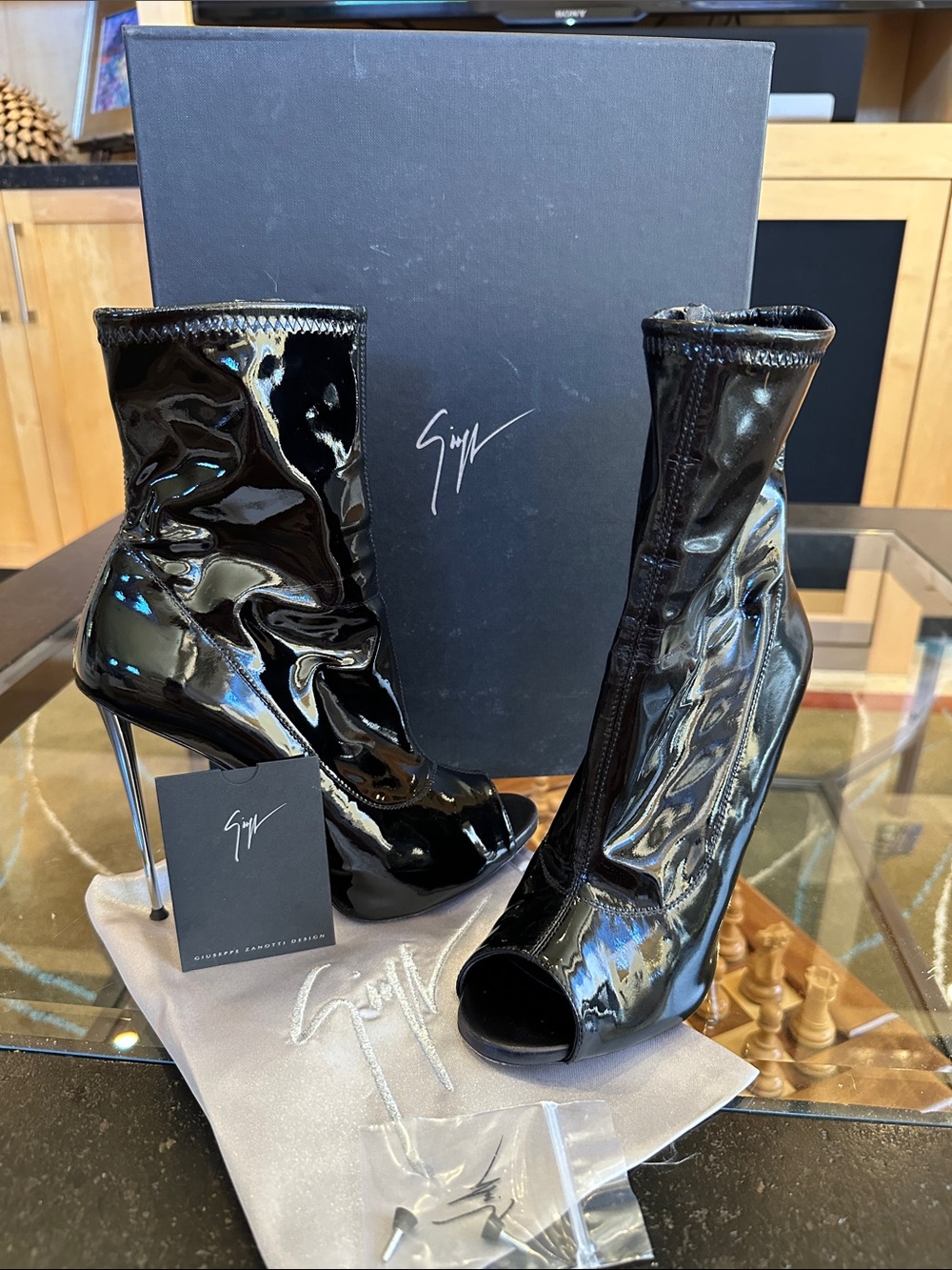 Giuseppe Zanotti Black Patent Leather Peep-Toe Stiletto Ankle Boots